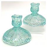 Pair Fenton Willow Green Iridized Candlesticks