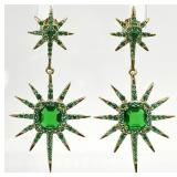 Gold Tone Sterling Green Stone Starburst Earrings