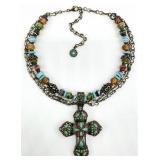 Vintage Sweet Romance Beaded Enamel Cross Necklace