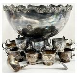 Large Silver Plate Punch Bowl, Cups & Ladle