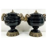 Pair Black Marble & Brass Ram