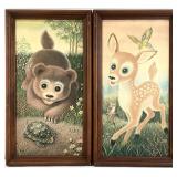 2pc 1970s K Chin Wide Eyed Baby Animals Art Prints