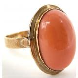 14K Gold Oval Coral Stone Ring, Sz 7