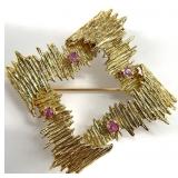 14K Gold Pink Stone Signed Brooch