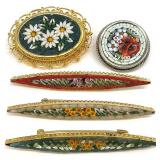 5 Italian Micro Mosaic Brooches