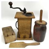 Antique Coffee Mill, Butter Churn & More