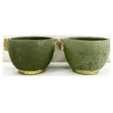 Pair Green & Gold Painted Pottery Planters