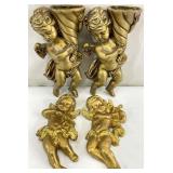 4pc Vintage Gold Cherub Wall Vases & Figures