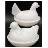 2 Vintage Milk Glass Hen on Nest Dishes