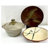 2pc Signed Pottery & 1pc Metal Art Dish