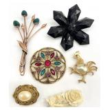 6 Vintage Jewelry Brooches, Some Signed