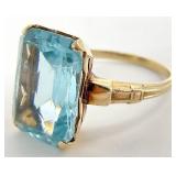 14K Gold Emerald Cut Aquamarine Ring, Sz 7.5