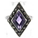 Sterling Silver, Amethyst, Marcasite Ring, Sz 7.25
