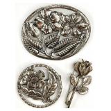 3 Sterling Silver Floral Brooches