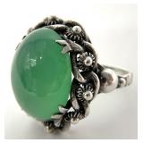 800 Silver Chrysoprase Green Stone Ring, Sz 7.5