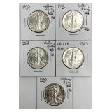 5 High Grade 1943 Walking Liberty Half Dollars