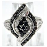 Sterling Silver Black & White Diamond Ring, Sz 7