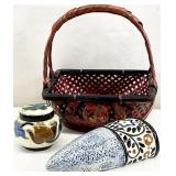 Vintage Japan Basket, Ceramic Jar & Wall Pocket