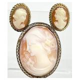 12KGF Cameo Brooch & Van Dell Earrings