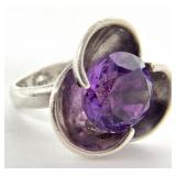 Sterling Silver Amethyst Flower Ring, Sz 7.5