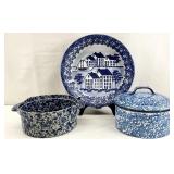 3pc Blue & White Spongeware Pottery