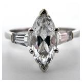 14K White Gold Marquis Clear Stone Ring, Sz 6.5