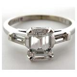 14K White Gold Emerald Cut Clear Stone Ring, Sz 5