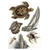6 Vintage Jewelry Brooches, Some Signed