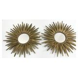 Pair Gold Finished Metal Sunburst Wall Mirrors