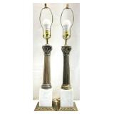 Pair Marble Base Column Table Lamps