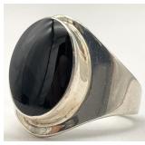 Sterling Silver Oval Black Stone Ring, Sz 8