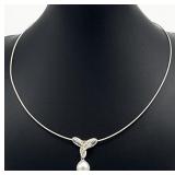 18K White Gold Pearl Diamond Pendant, 14K Chain