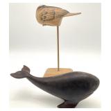 2pc Carved Wood Shorebird and Whale Figures