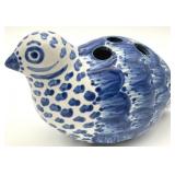 MA Hadley Blue White Pottery Quail Flower Frog