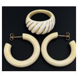 14K Gold Carved Bovine Bone Ring & Earrings