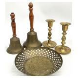 Vtg Brass Handbells, Candlesticks & Pierced Bowl