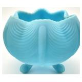 Fenton Blue Satin Drape Footed Rose Bowl
