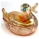 Vintage Marigold Carnival Glass Duck Trinket Dish