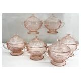 6 Vintage Pink Glass Covered Dishes