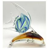 2pc Art Glass Dolphin & Tropical Fish Paperweights