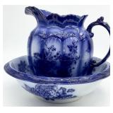 Antique English Flow Blue & White Pitcher & Basin
