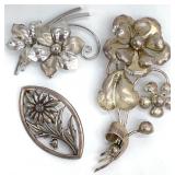 3 Sterling Silver Floral Brooches