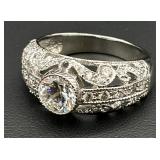 Sterling Silver Filigree Clear Stone Ring, Sz 7