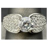 Sterling Silver Clear Solitaire Cluster Ring, Sz 9