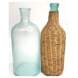 2Antique Wicker Wrapped & Apothecary Glass Bottles