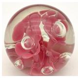 Vintage Pink Floral Art Glass Paperweight