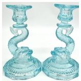 2 Blue Dolphin / Koi Glass Candlesticks, France