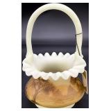 Fenton Log Cabin Custard Satin Art Glass Basket