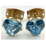 14K Gold Blue Topaz Heart Stud Earrings