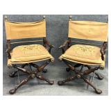 Pair X-Base Eagle Carved Arm Chairs